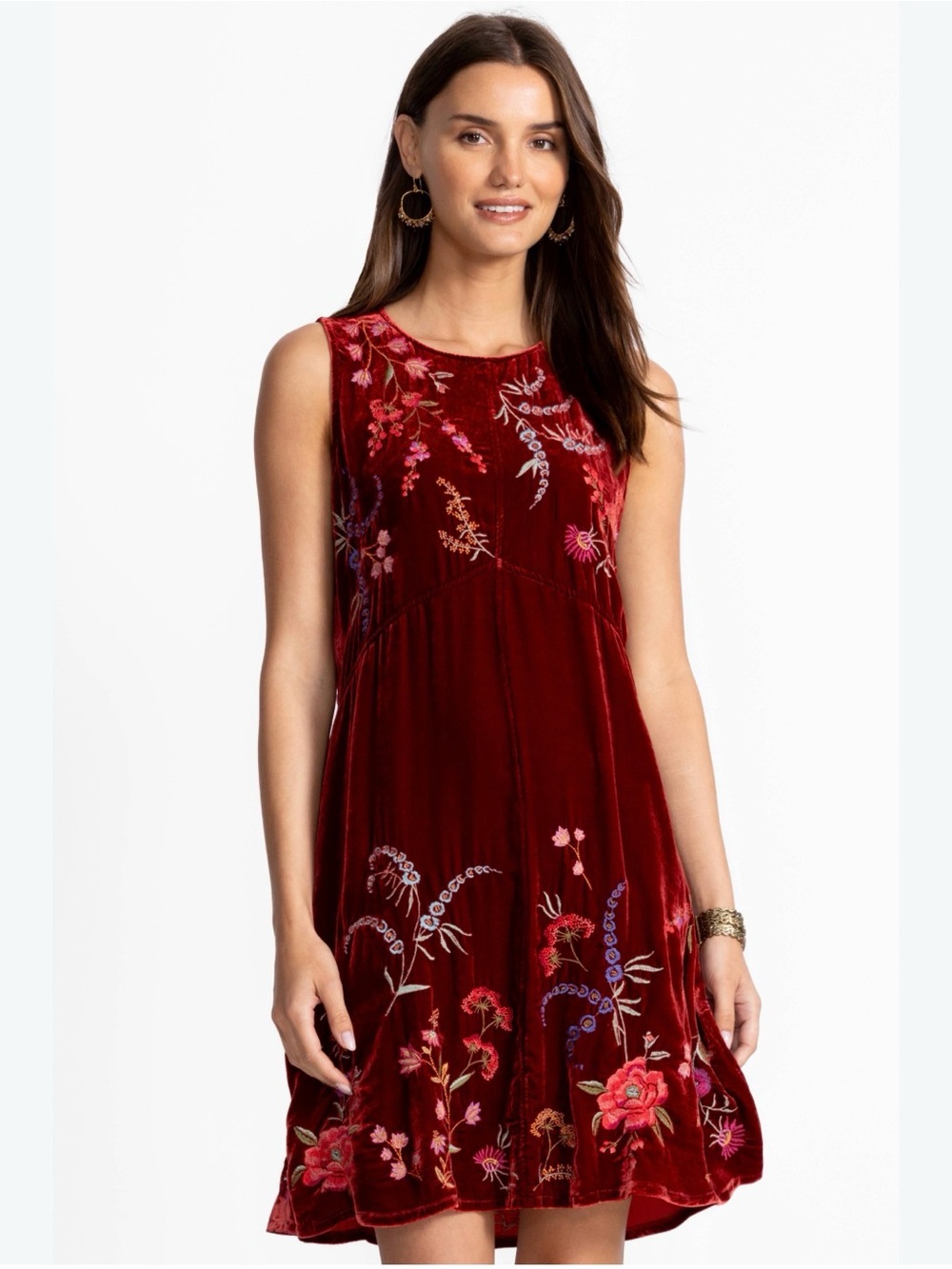 Johnny Was Burgundy Velvet Embroidered Sleeveless Tank Dress